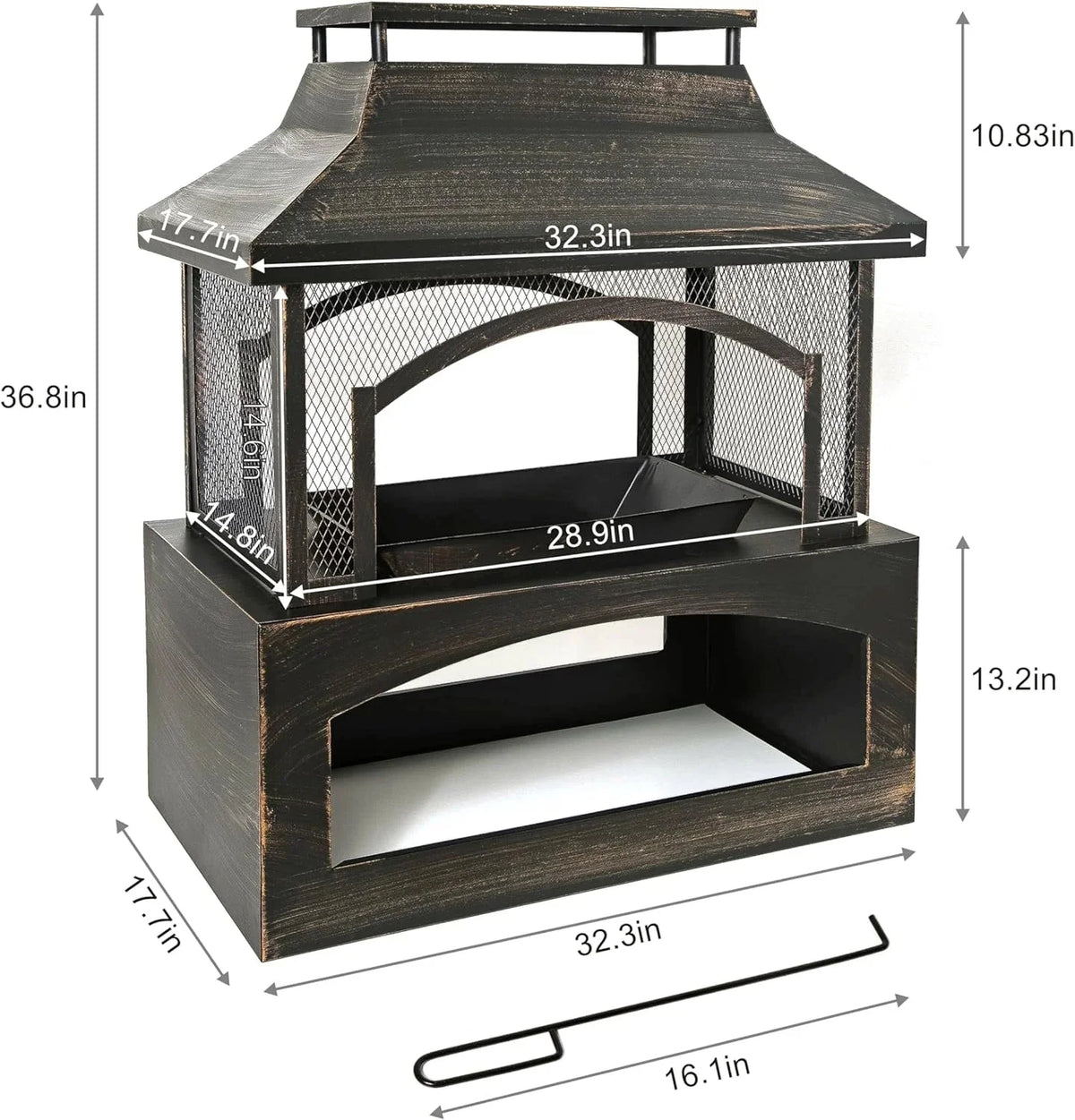 Outdoor Wood-Burning Metal Fireplace Fire Pit With Log Grate And Poker, 37 x 32 x 18 in, Black