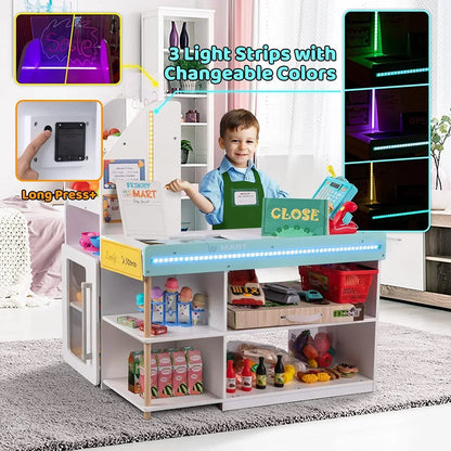 BRINJOY Kids Grocery Store Pretend Play Set With LED Lights And Acrylic Sheet, 35.6 x 24.4 x 43.3 in