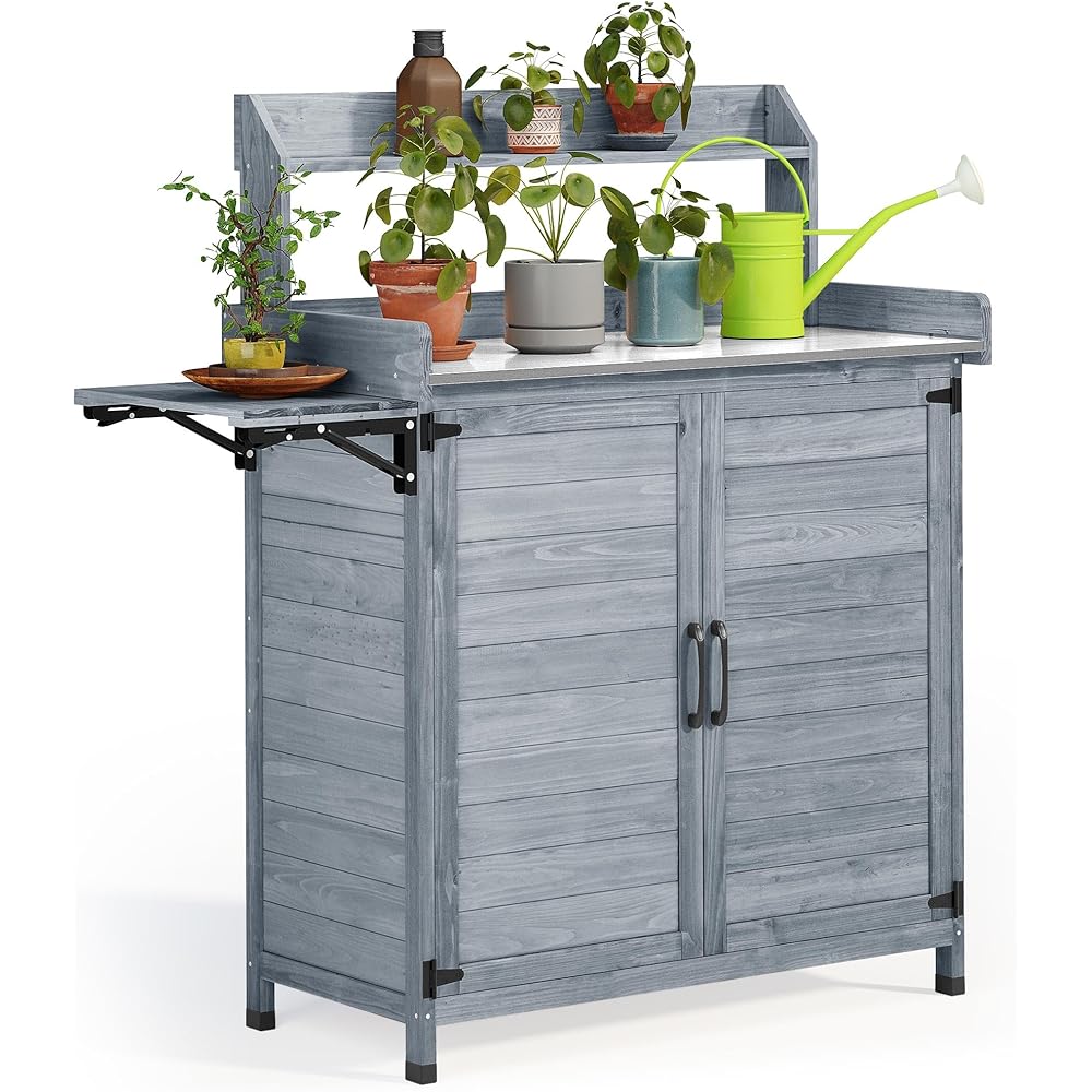 YITAHOME Solid Wood Potting Bench Table With Metal Tabletop - Grey