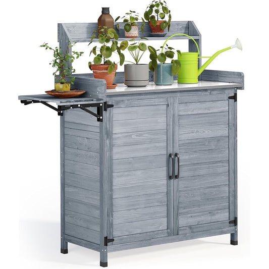 YITAHOME Solid Wood Potting Bench Table With Metal Tabletop - Grey