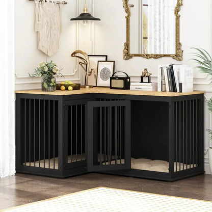 L-Shaped Corner Dog Crate Furniture For 2 Dogs, 58.7 x 41.1