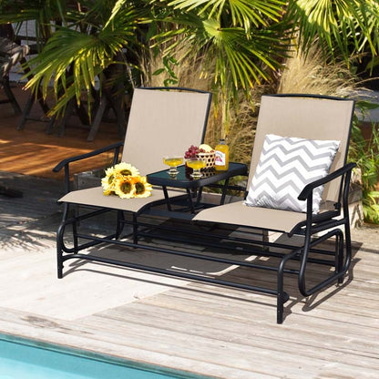 2-Person Outdoor Bench Glider Chair With Center Table, Mesh Fabric, 57 x 28 x 38 in