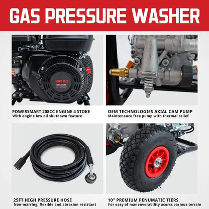 PowerSmart Gas Pressure Washer, 3200 PSI, 2.5 GPM, 5 Nozzles, 0.7 Gallon Gas Tank, 0.8 Gallon Soap Tank