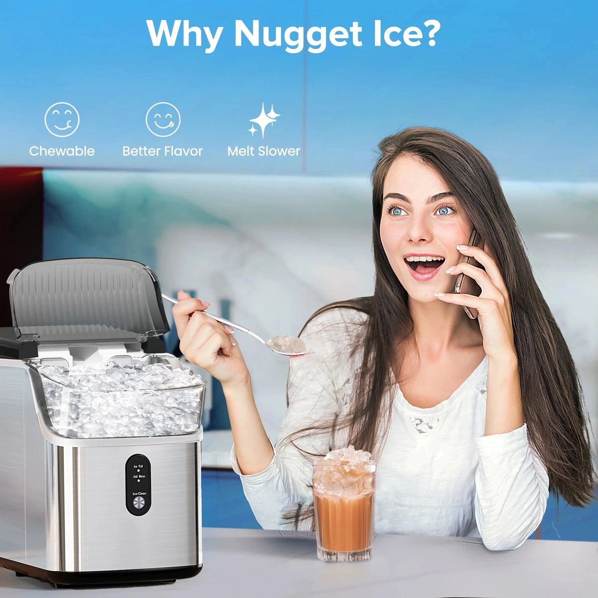 Auseo Countertop Nugget Ice Maker, 35lbs/24H, Self-Cleaning, Black