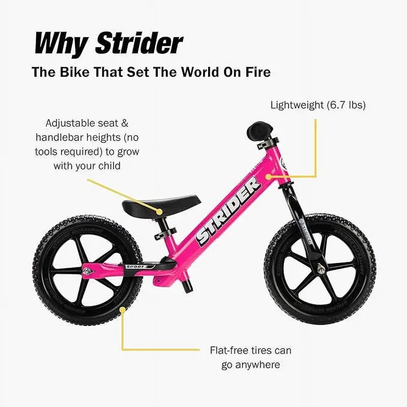 Strider 12 Sport Balance Bike, Pink, Ages 18 Months-5 Years - 12 Sport