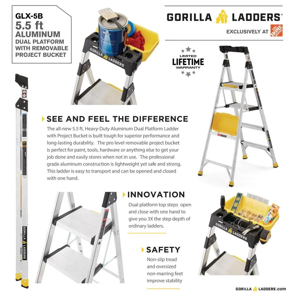 Gorilla Ladders Aluminum Dual Platform Heavy-Duty Ladder With Project Bucket, 5.5 ft, 300 lb Capacity - Multicolor
