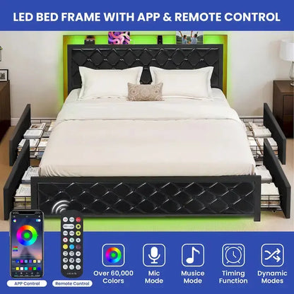 Moasis Queen Upholstered Faux Leather Platform Bed Frame With Headboard, 4 Storage Drawers, RGB LED Lights, USB-C Charging Ports - Black