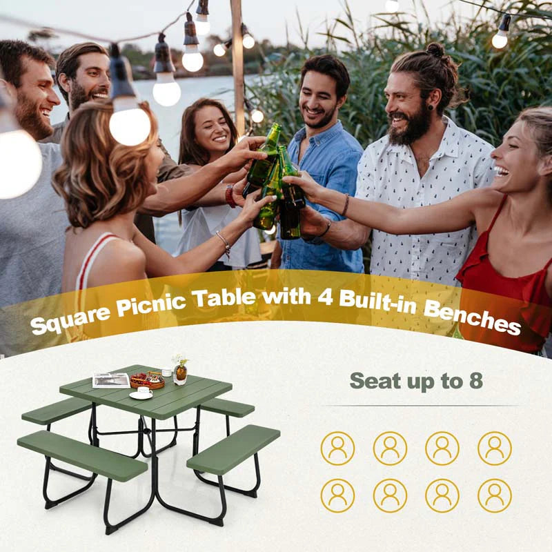 8-Person Outdoor HDPE Square Picnic Table And Bench Set, 67in x 67in x 30in, Metal Frame