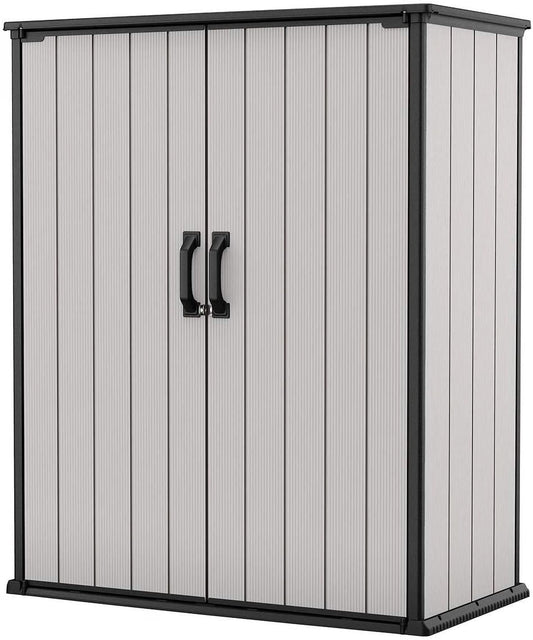 Keter Premier Tall Vertical Resin Outdoor Storage Shed With Floor And Locking Double Doors - Grey