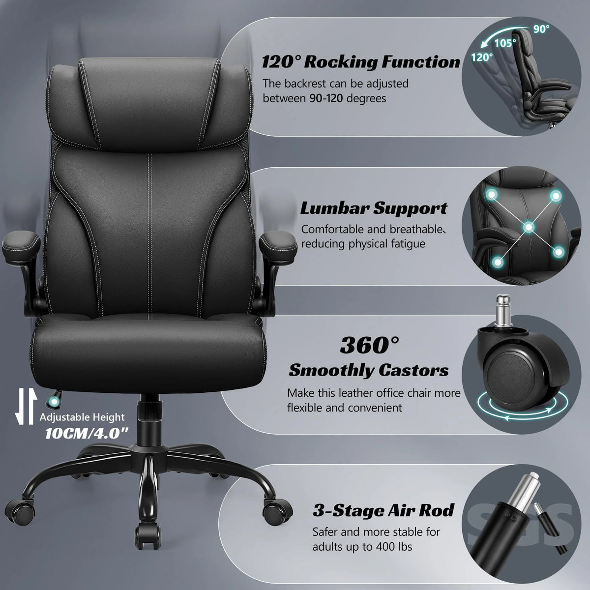 HeroSet Big And Tall Executive Office Chair With PU Leather, 400 lbs Capacity