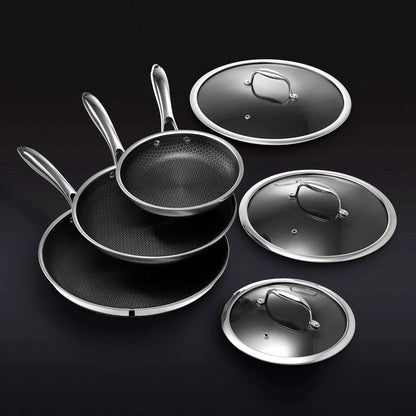 HexClad 6 Piece Hybrid Stainless Steel Cookware Pan Set, 8 inch, 10 inch, 12 inch With Glass Lids - Black