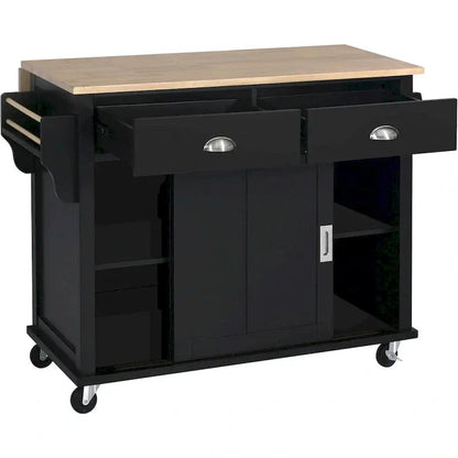 Rubberwood Kitchen Island Cart With Drop-Leaf Countertop, Concealed Barn Door Storage And 4 Locking Casters - 52.2 x 30.5 x 36.6 Inches
