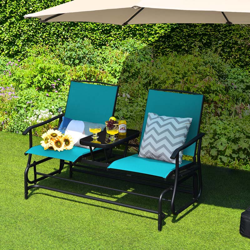 2-Person Outdoor Bench Glider Chair With Center Table, Mesh Fabric, 57 x 28 x 38 in