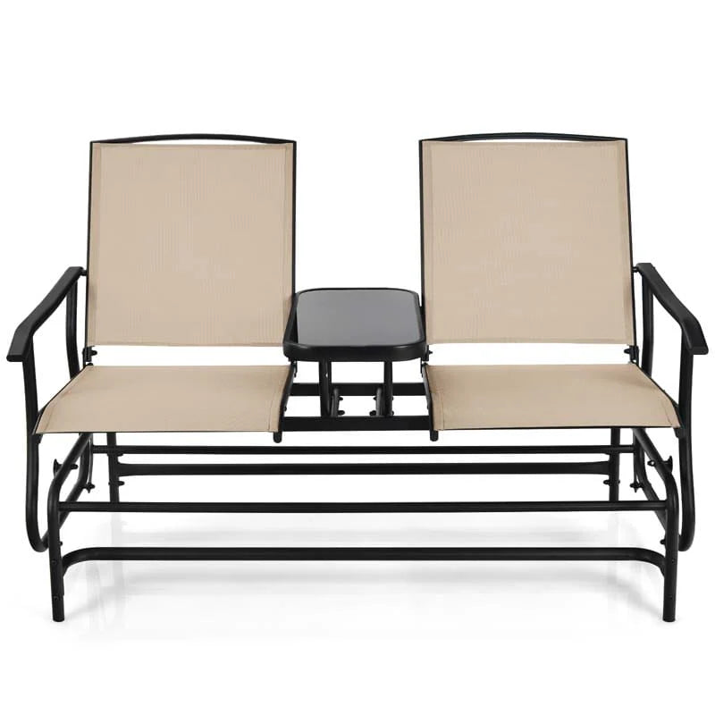 2-Person Outdoor Bench Glider Chair With Center Table, Mesh Fabric, 57 x 28 x 38 in