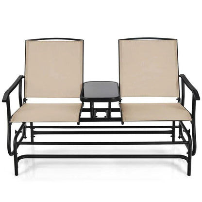 2-Person Outdoor Bench Glider Chair With Center Table, Mesh Fabric, 57 x 28 x 38 in