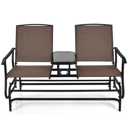 2-Person Outdoor Bench Glider Chair With Center Table, Mesh Fabric, 57 x 28 x 38 in