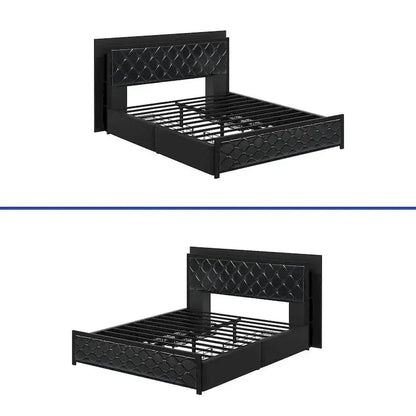 Moasis Queen Upholstered Faux Leather Platform Bed Frame With Headboard, 4 Storage Drawers, RGB LED Lights, USB-C Charging Ports - Black
