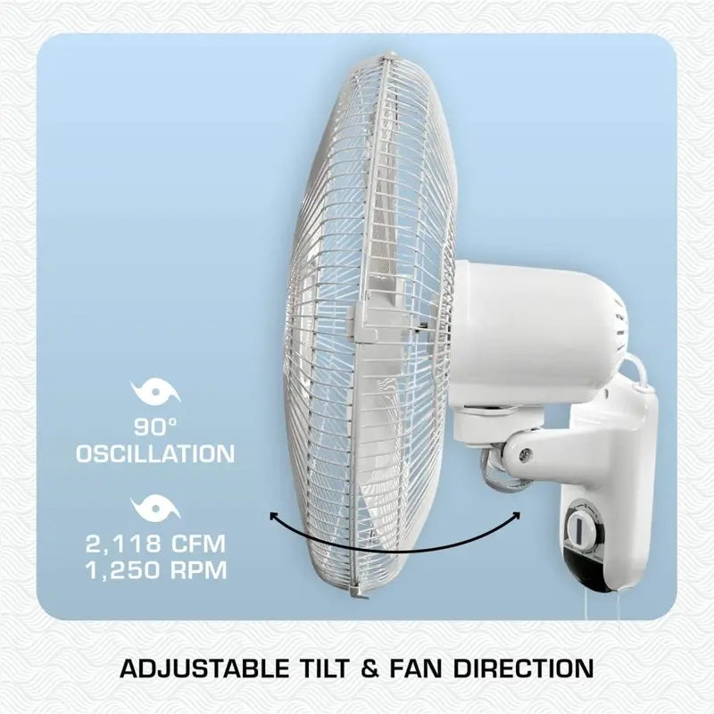 Classic 16-Inch Wall Mounted Oscillating Fan, 3-Speed, White, Metal