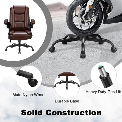 Big And Tall Ergonomic Office Chair, High Back Leather Executive Computer Chair With Padded Flip-Up Arms - 20.87in D x 27.3in W x 47.24in H