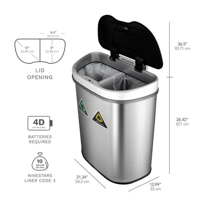 18 Gallon Dual Compartment Motion Sensor Trash Can - Automatic Hands-Free Kitchen Garbage Bin