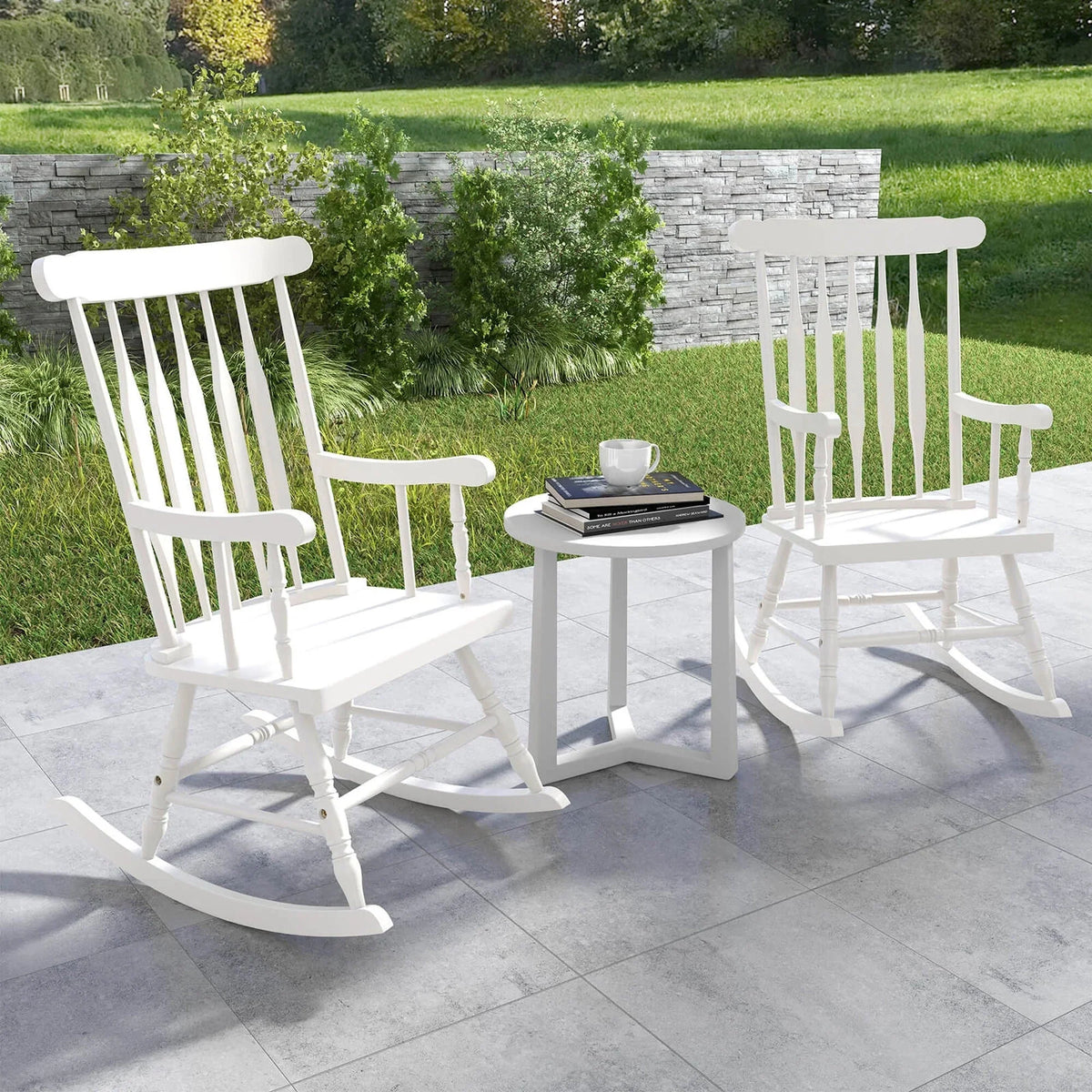 Costway Rubber Wood Rocking Chair, White, 22 x 32 x 44 in, 300 lbs