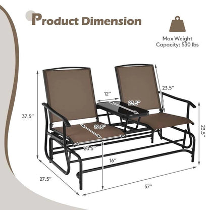 2-Person Outdoor Bench Glider Chair With Center Table, Mesh Fabric, 57 x 28 x 38 in