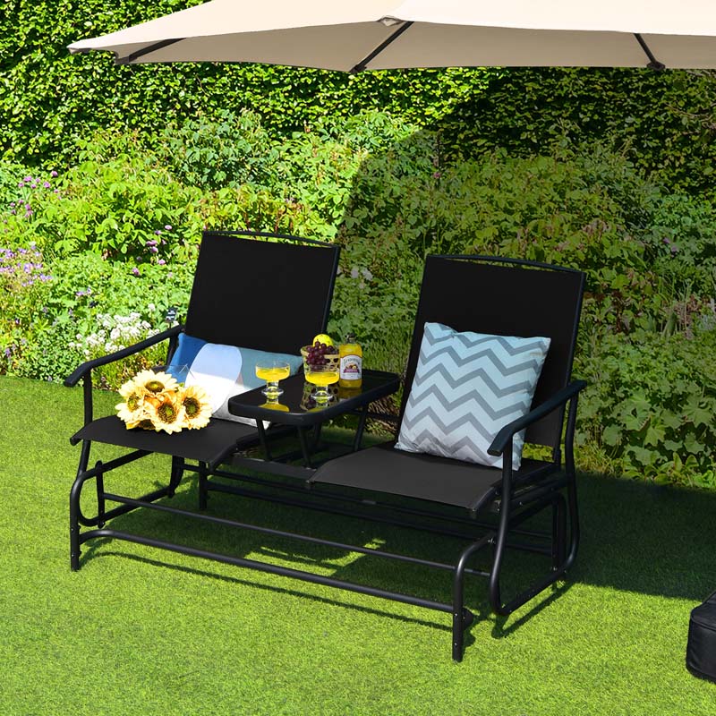 2-Person Outdoor Bench Glider Chair With Center Table, Mesh Fabric, 57 x 28 x 38 in