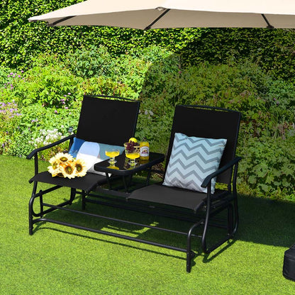 2-Person Outdoor Bench Glider Chair With Center Table, Mesh Fabric, 57 x 28 x 38 in