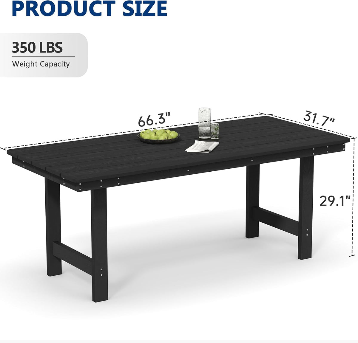 PIZZELLO Rectangular HDPE Outdoor Dining Table for 6, 66in, Black