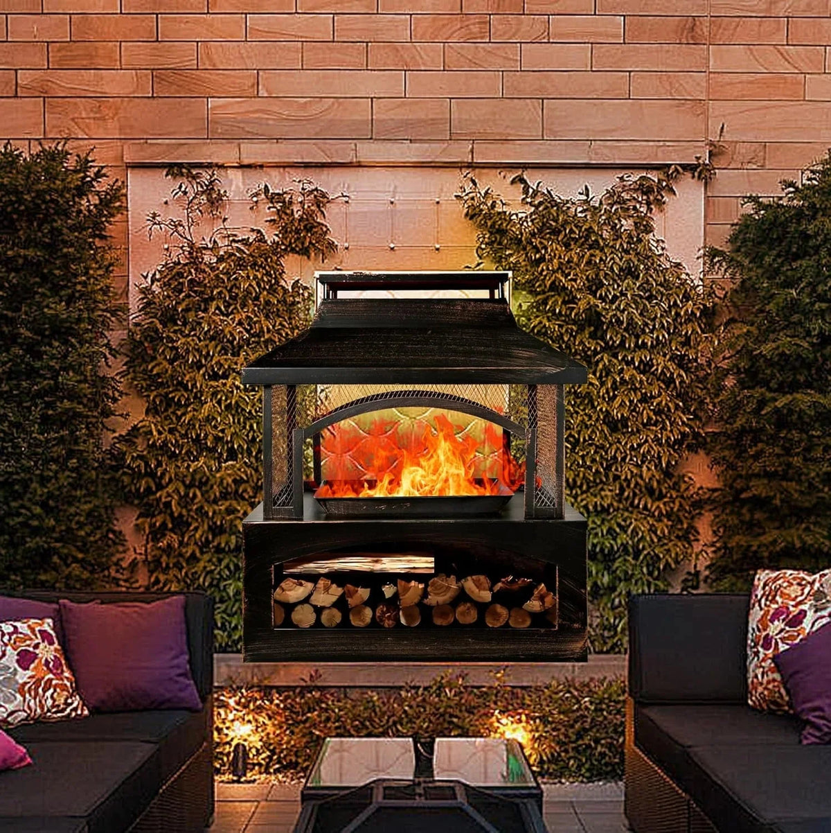 Outdoor Wood-Burning Metal Fireplace Fire Pit With Log Grate And Poker, 37 x 32 x 18 in, Black