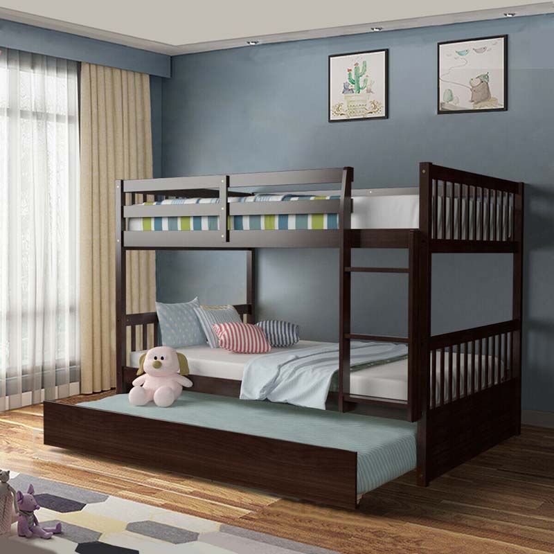 Full Over Full Convertible Bunk Bed Frame With Trundle, Ladder And Guardrails