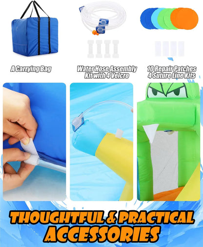 ROOJER Inflatable Water Slide Bounce House 8-in-1 With 450W Blower - Crocodile Water Park