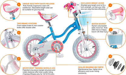 Royalbaby Girls' Kids Bicycle With Basket And Training Wheels, Blue, 16 In