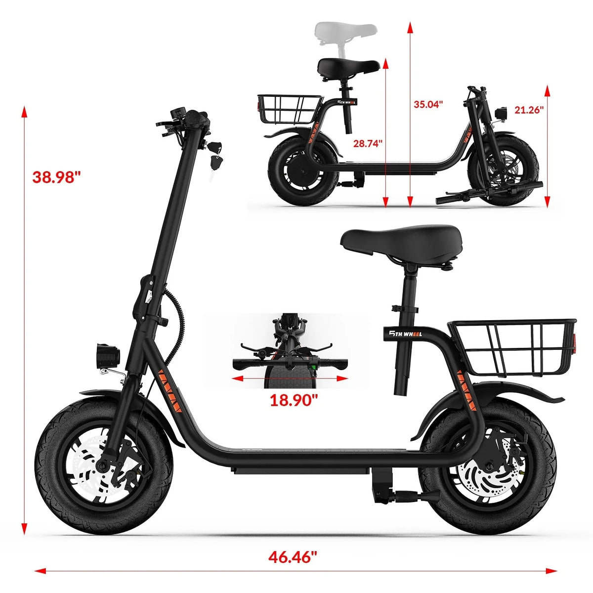 5TH WHEEL Electric Scooter With Seat And Carry Basket, 450W, 36V, 20-Mile Range, 15.5 Mph, 12 Inch - W18S