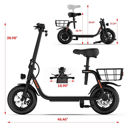 5TH WHEEL Electric Scooter With Seat And Carry Basket, 450W, 36V, 20-Mile Range, 15.5 Mph, 12 Inch - W18S