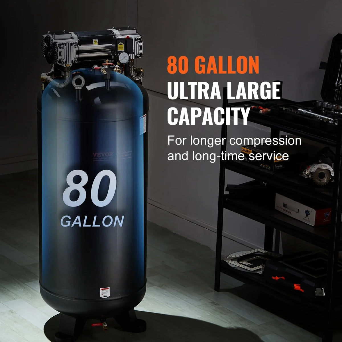 VEVOR 80 Gallon Oil-Free Air Compressor, 6.5 HP, 15.5 SCFM at 90 PSI, 145 PSI - FB3500-10A300-1P