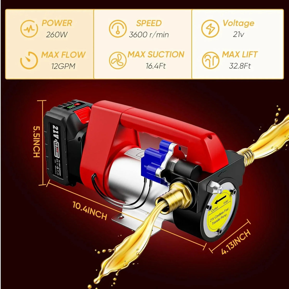 TaskStar 260W Cordless Diesel Kerosene Fuel Transfer Pump Kit, 12 GPM, 21V 4.0Ah Battery, 2 x 6.6 ft Hoses