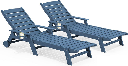 SERWALL Patio Chaise Lounge Chair Set Of 2, 78 Inch, 5-Position Adjustable, HDPE - Blue