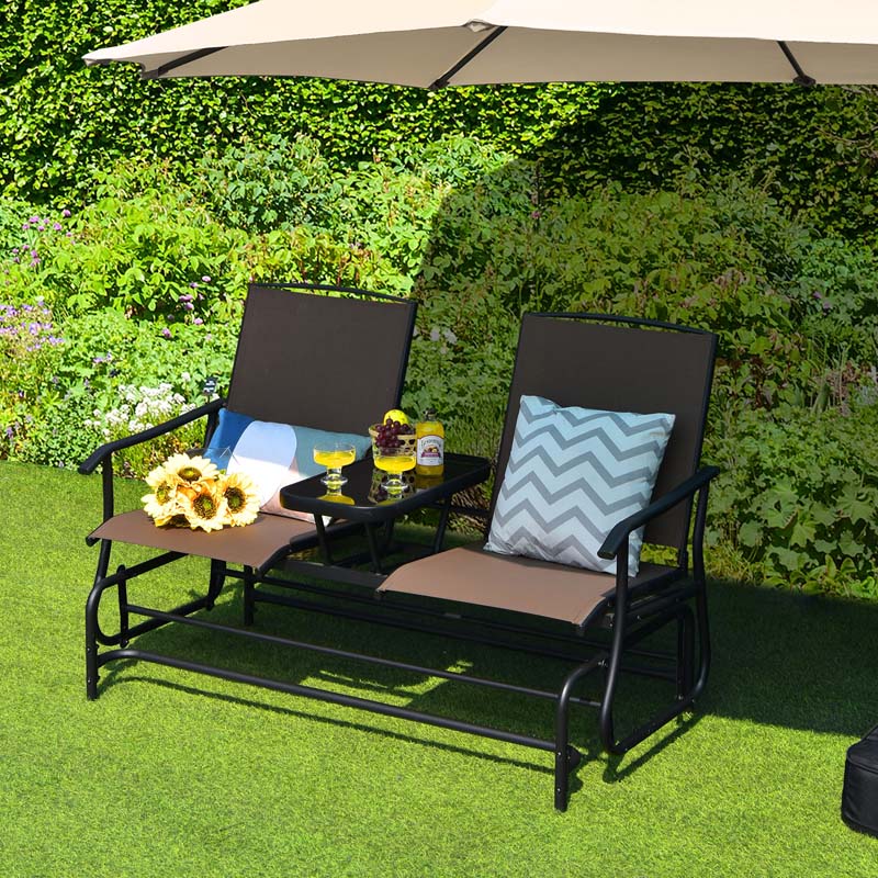 2-Person Outdoor Bench Glider Chair With Center Table, Mesh Fabric, 57 x 28 x 38 in