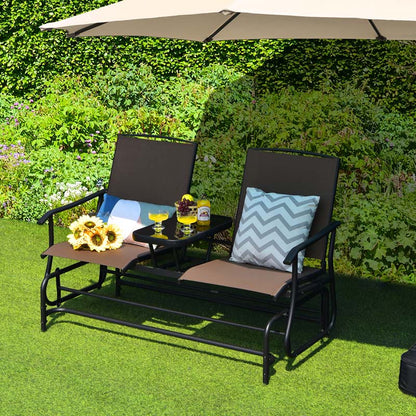 2-Person Outdoor Bench Glider Chair With Center Table, Mesh Fabric, 57 x 28 x 38 in