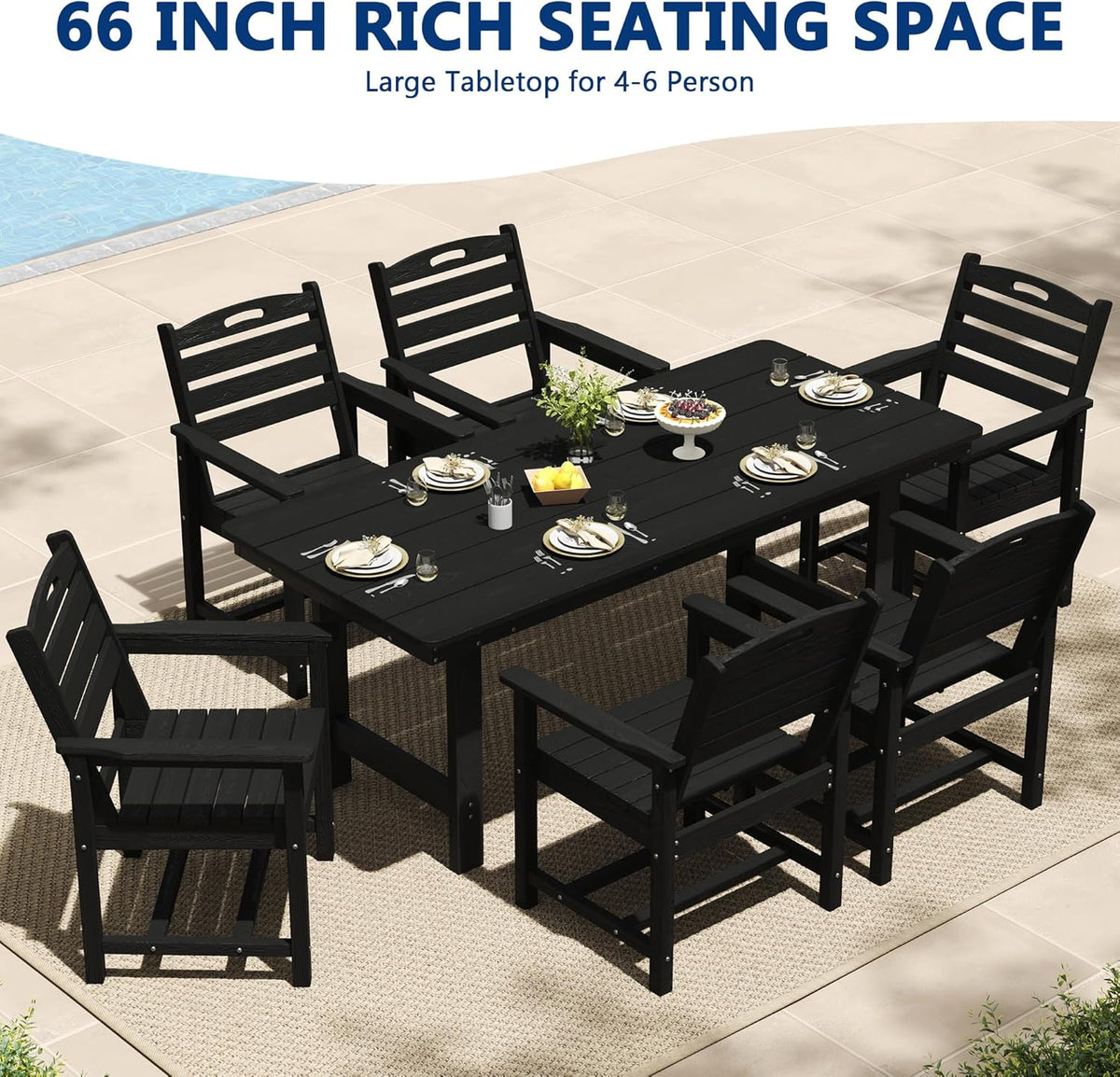 PIZZELLO Rectangular HDPE Outdoor Dining Table for 6, 66in, Black