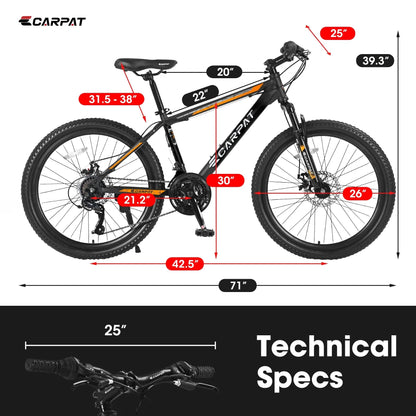 26 Inch Men's Mountain Bike With Shimano 21-Speed And Disc Brakes - Black Orange