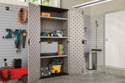 Suncast Mega Tall Resin Outdoor Storage Cabinet With 3 Shelves, Platinum Metallic