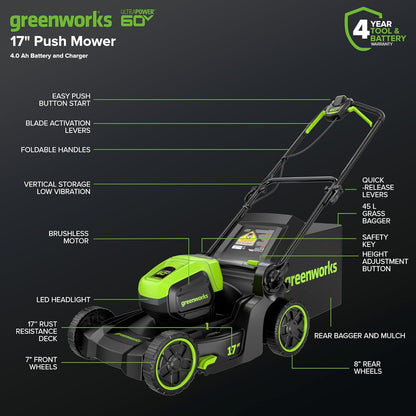 Greenworks Cordless Push Lawn Mower 60V 17in 4.0Ah Battery 3A Charger - 60v-17-push-4-0ah