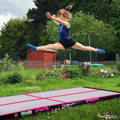 FBSPORT Inflatable Air Gymnastics Mat, 16ft, 4 Inches Thick, Black Green - With Pump