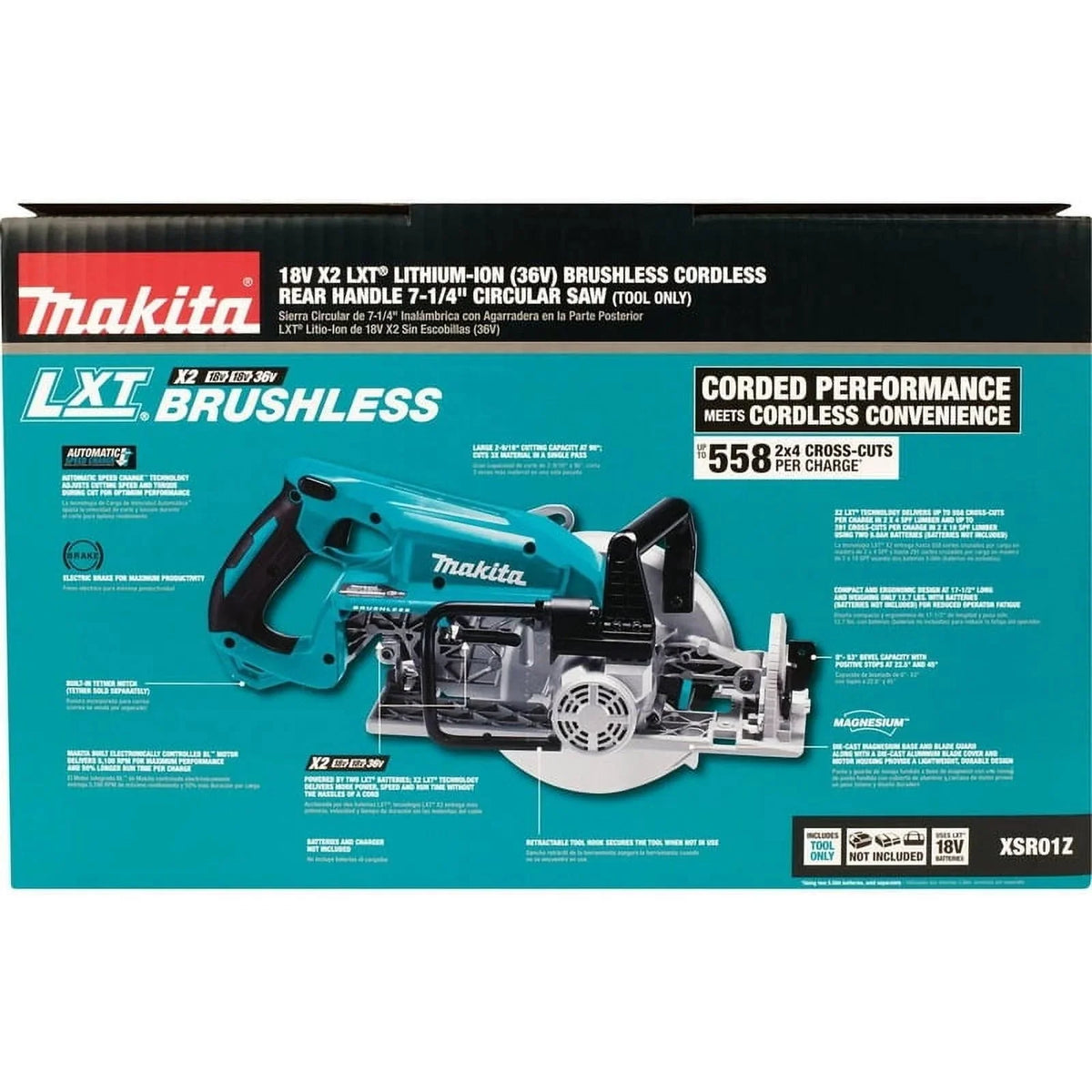 Makita Rear Handle Circular Saw, 7.25 in, 5100 RPM, 36 V DC - XSR01Z
