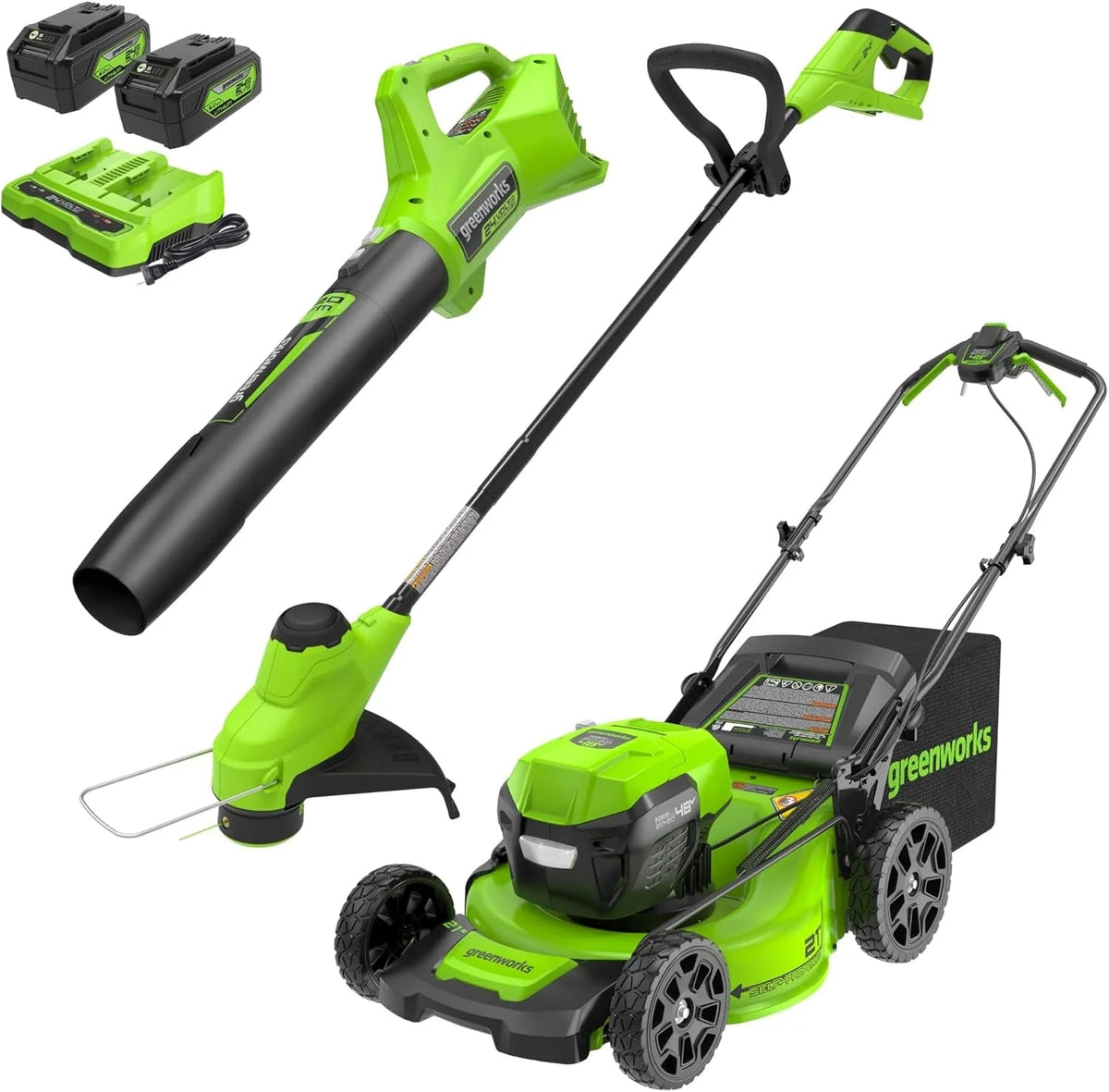 Greenworks 48V (24V x 2) 21 in Brushless Self-Propelled Mower, 12 in String Trimmer And 320 CFM Blower - CK24L5242