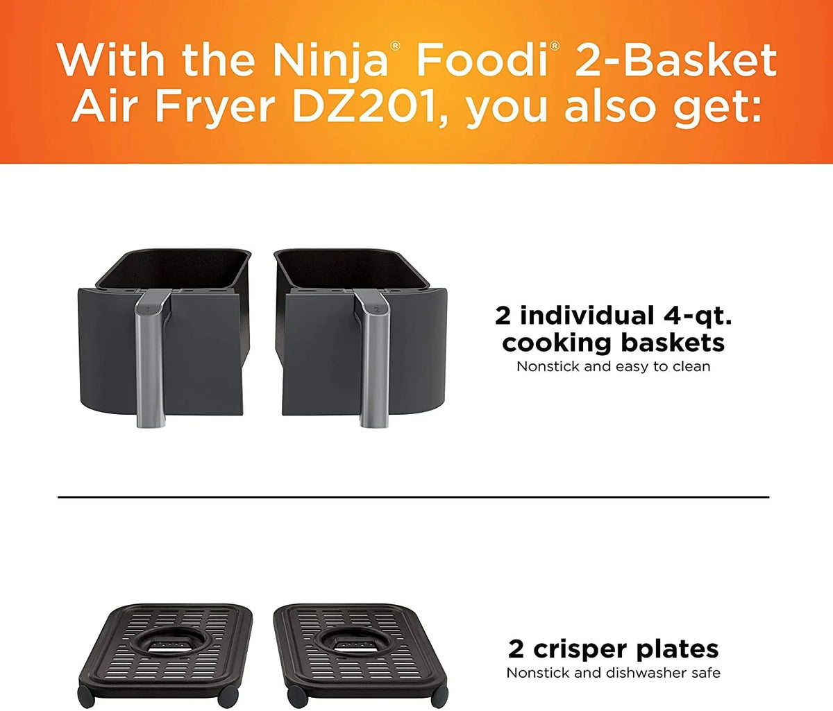 Ninja Foodi 6-in-1 2-Basket Air Fryer, 8-Quart, Dark Grey Stainless Finish - DZ201