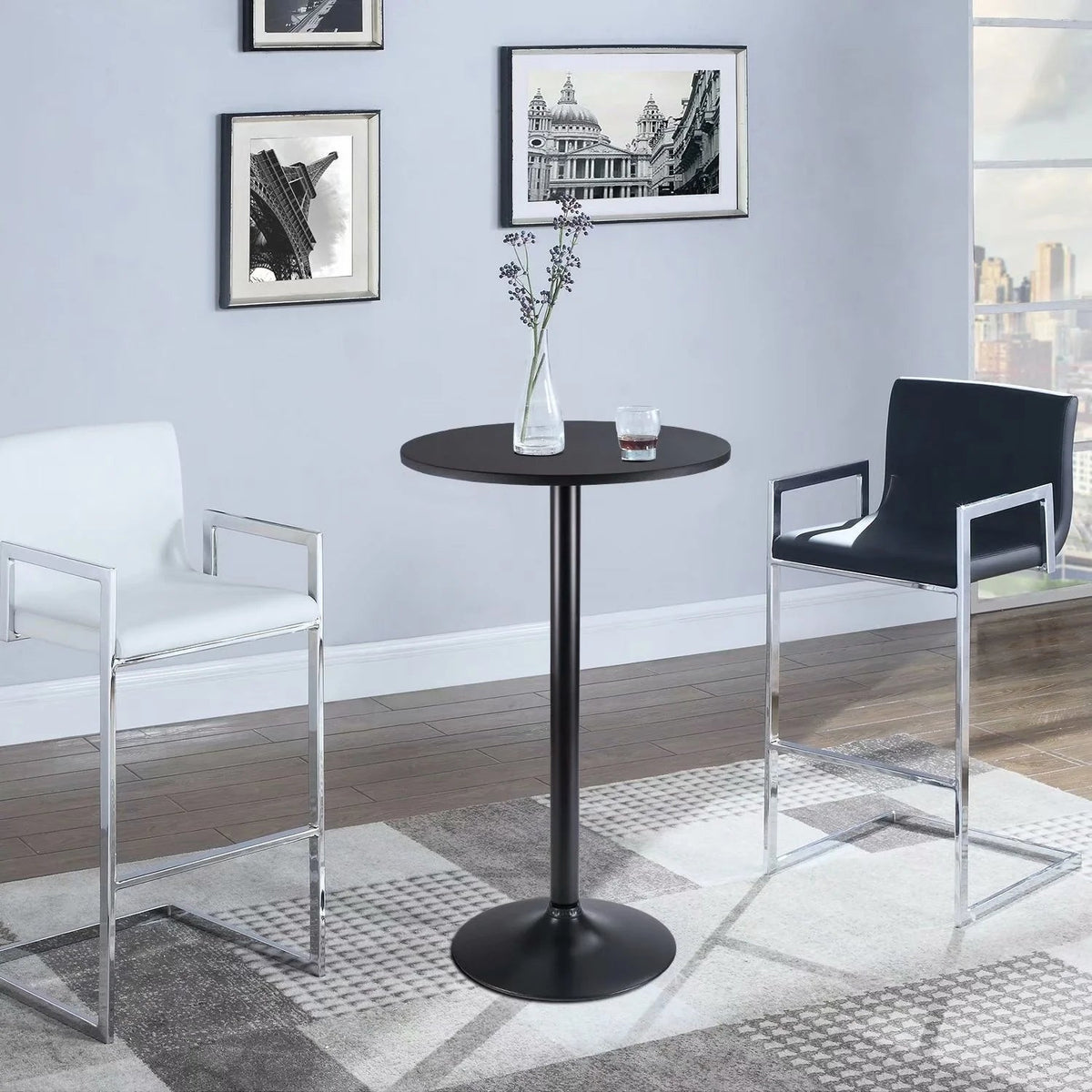Round Bar-Height Bistro Pub Table With Metal Base And MDF Top, 23.8 x 23.8 x 39.5 Inch
