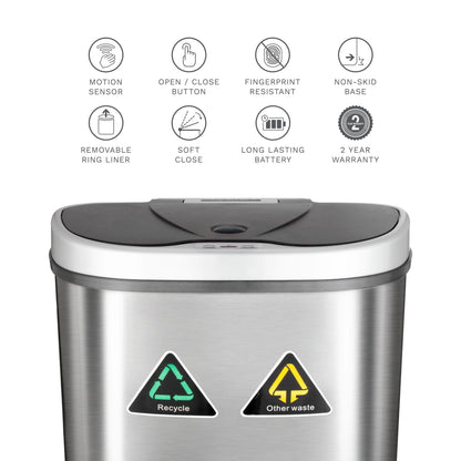 18 Gallon Dual Compartment Motion Sensor Trash Can - Automatic Hands-Free Kitchen Garbage Bin